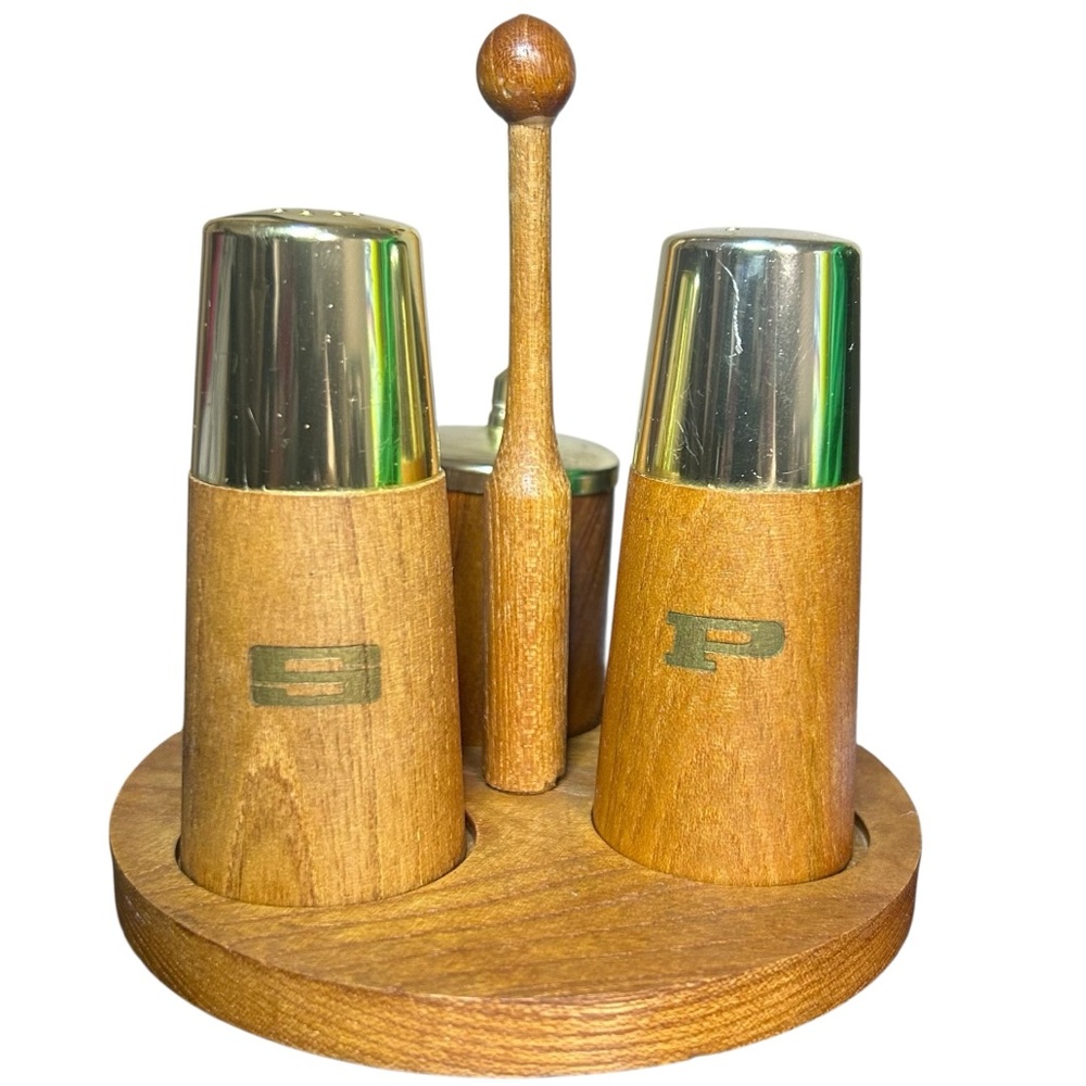 Vintage Mid Century Wood Brass Salt Pepper‎ Mustard Condiment Set MCM Retro READ